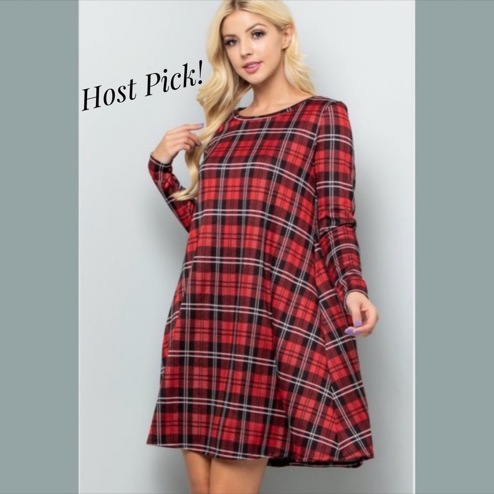 Holidays Red Plaid Dress Long Sleeves with Pockets